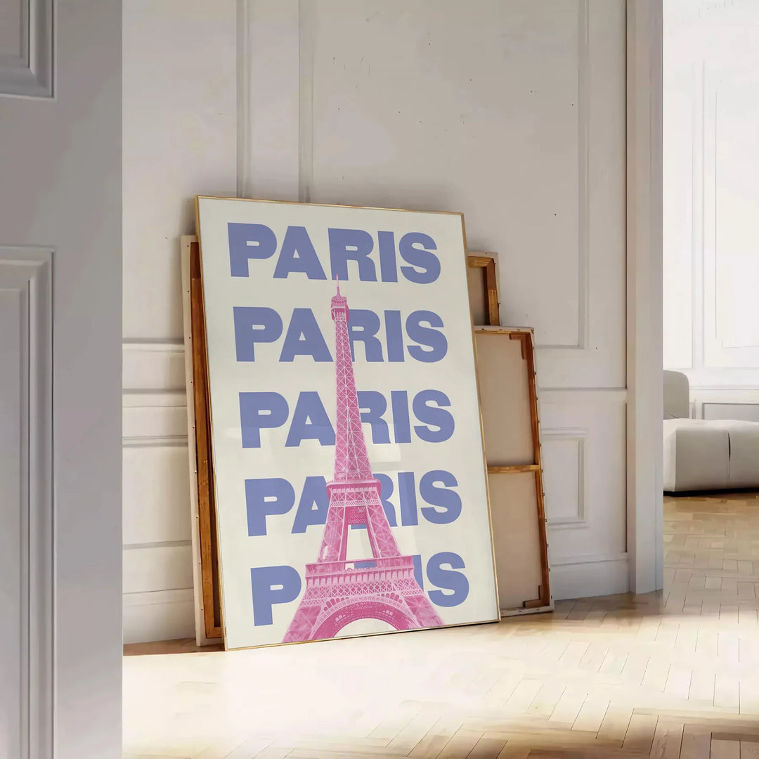 Stylized illustration of Paris with green and white tones - leaning on a herringbone floor against a white panelled wall