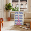Stylized illustration of Paris with green and white tones - in a Parisian living room with a sofa and a fig plant