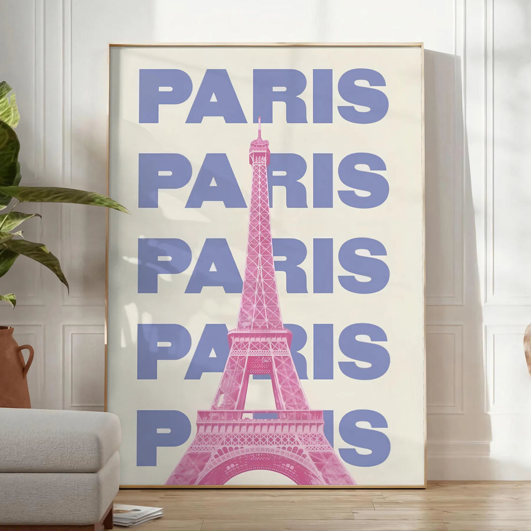 Stylized illustration of Paris with green and white tones - in a bright minimalist room with a plant and an armchair