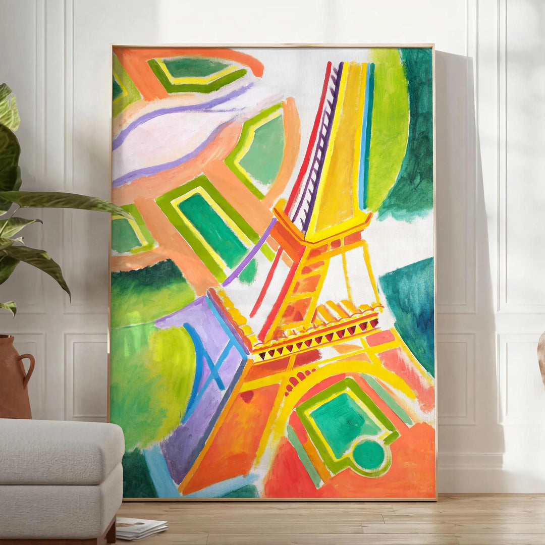 Graphic illustration of Paris with orange and blue tones - in a bright minimalist room with a plant and an armchair