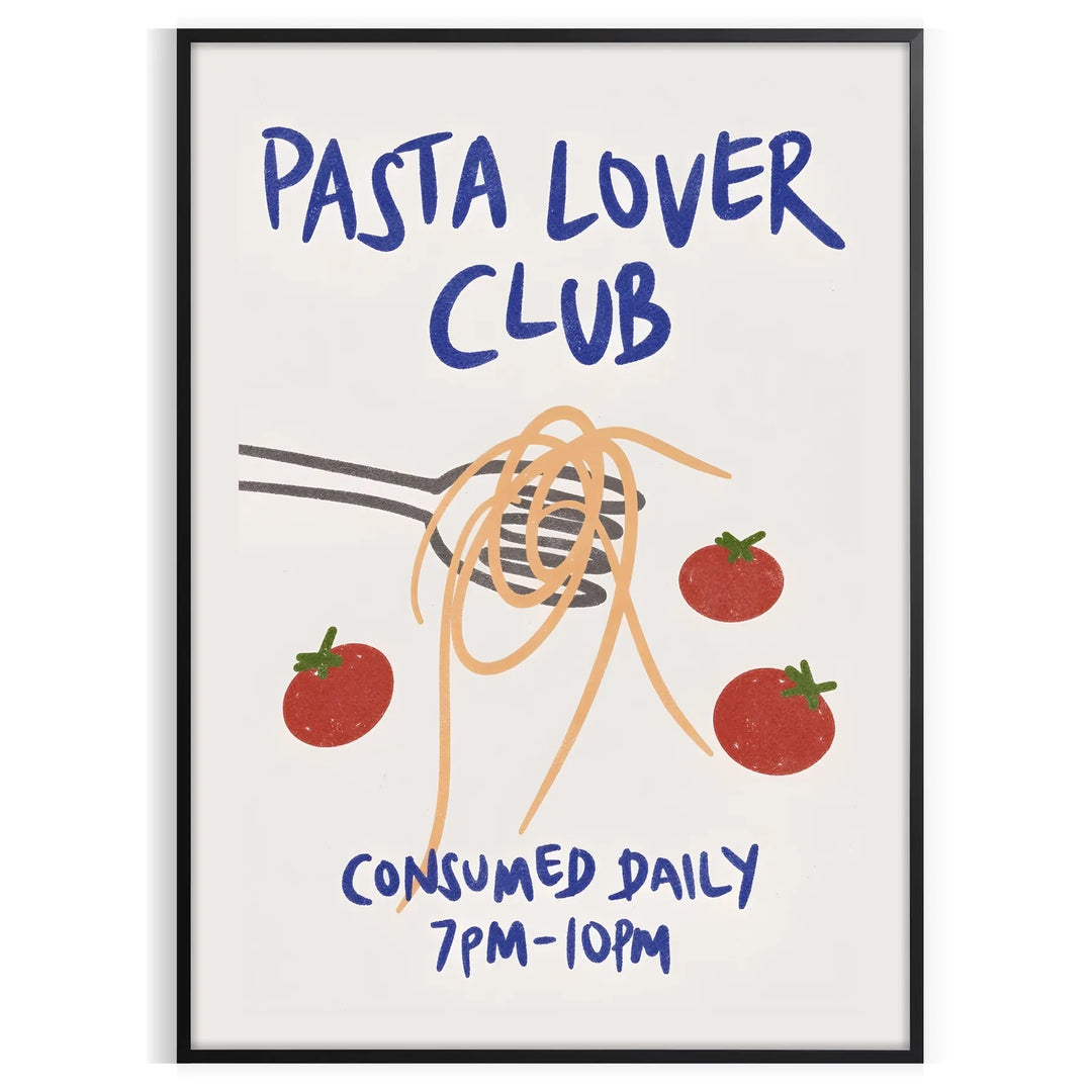 blue and white poster featuring 'Pasta Lover Club' text with pasta illustrations