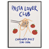 blue and white poster featuring 'Pasta Lover Club' text with pasta illustrations - in a black frame