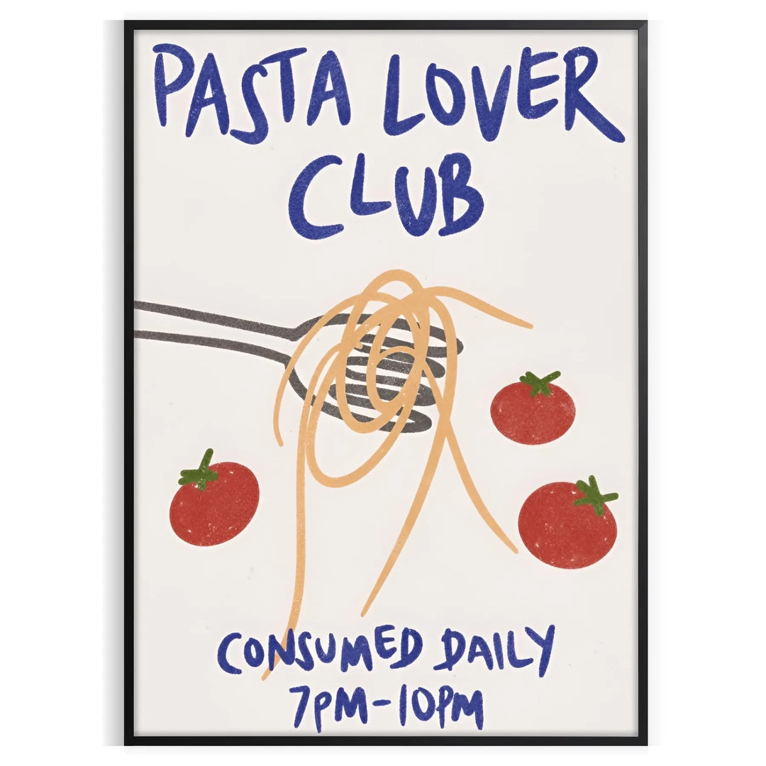 Minimalist kitchen print featuring 'Pasta Lover Club' in white and gray tones