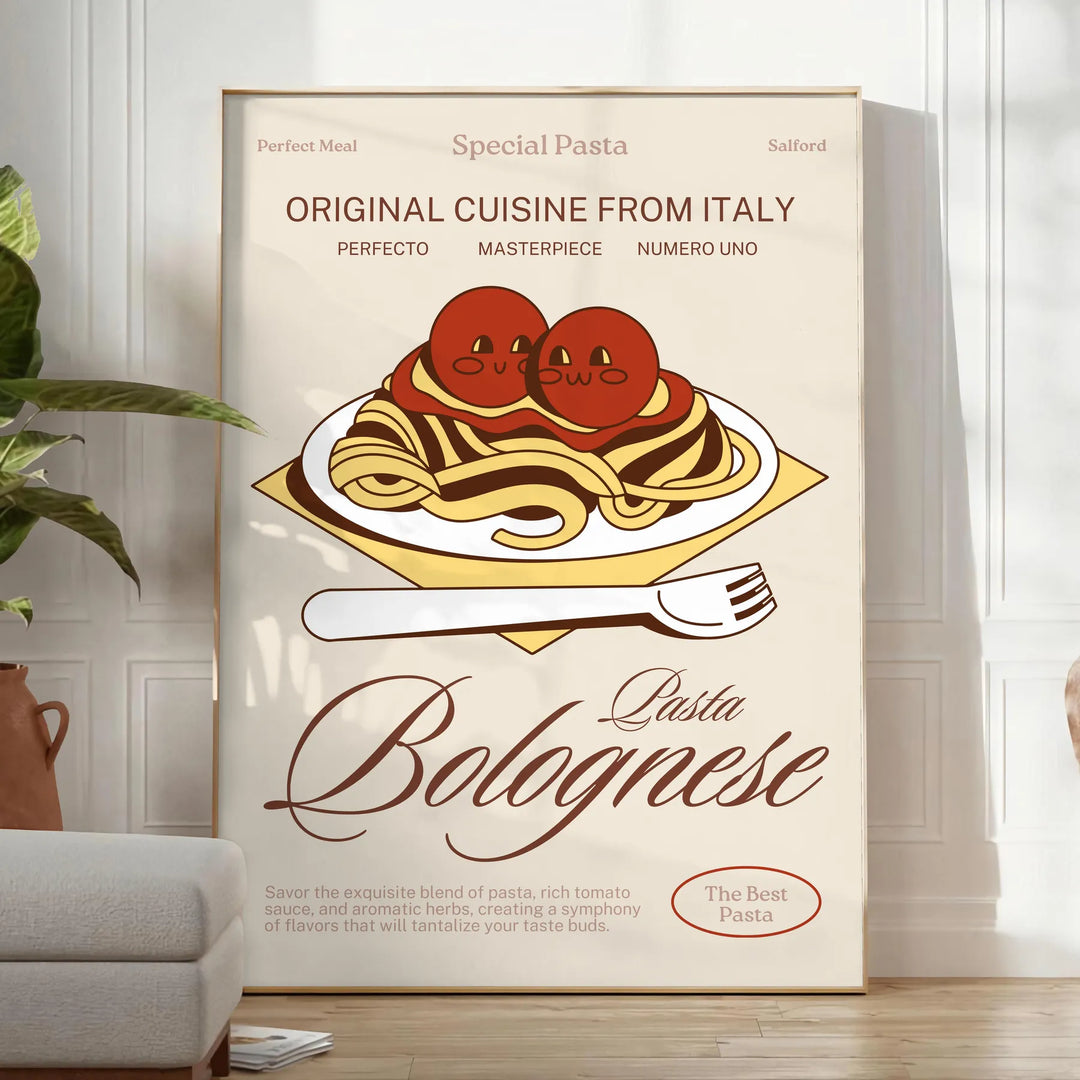 Illustrazione di Pasta Bolognese in tonalità calde di marrone e arancione - in una stanza luminosa e minimalista con pianta e poltrona