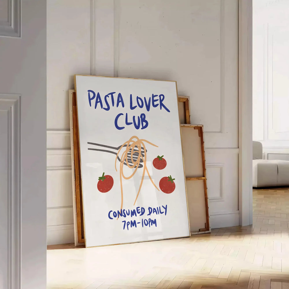 blue and white poster featuring 'Pasta Lover Club' text with pasta illustrations