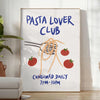 blue and white poster featuring 'Pasta Lover Club' text with pasta illustrations - in a bright minimalist room with a plant and an armchair