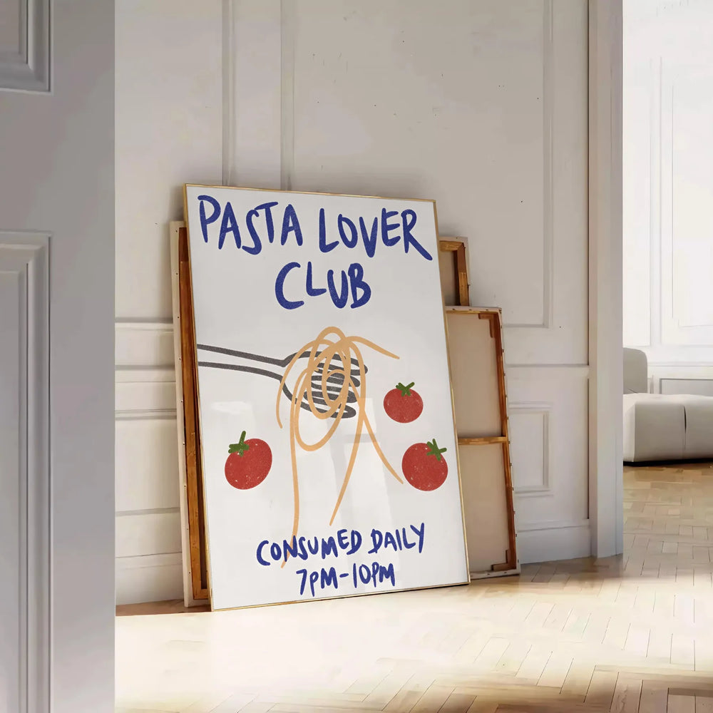 Minimalist kitchen print featuring 'Pasta Lover Club' in white and gray tones