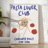 Minimalist kitchen print featuring 'Pasta Lover Club' in white and gray tones - in a bright minimalist room with a plant and an armchair