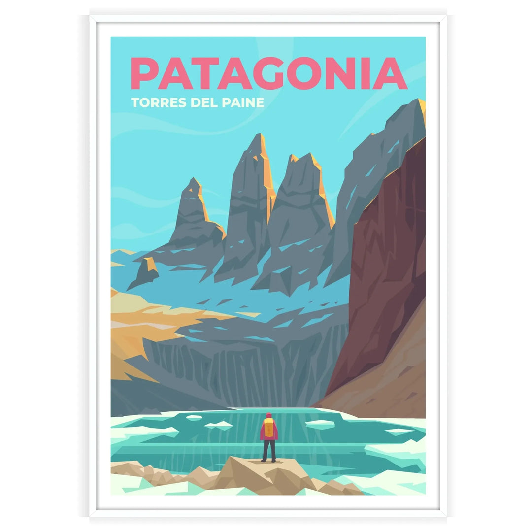 Travel poster depicting Patagonia's rugged landscapes in earthy browns and grays - in a white frame