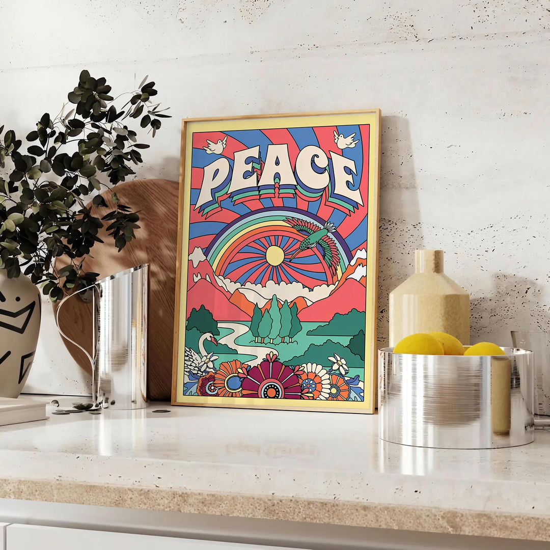 Abstract design featuring swirling blue and purple shapes with a groovy style - styled on a counter with eucalyptus and a bowl of lemons
