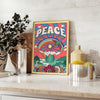 Abstract design featuring swirling blue and purple shapes with a groovy style - styled on a counter with eucalyptus and a bowl of lemons