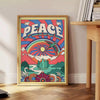 Abstract design featuring swirling blue and purple shapes with a groovy style - beside a round wooden side table with books