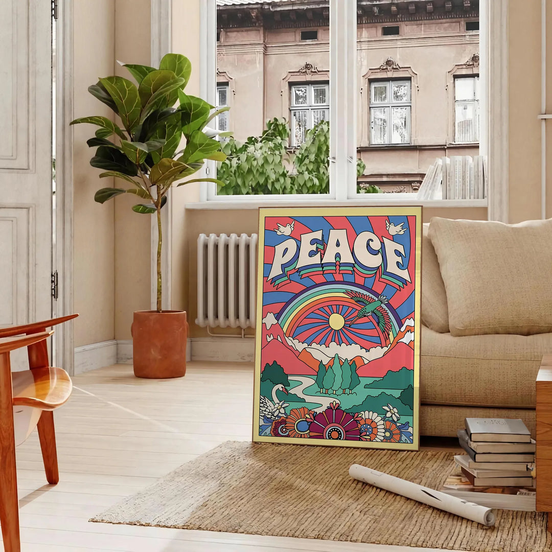 Abstract design featuring swirling blue and purple shapes with a groovy style - in a Parisian living room with a sofa and a fig plant