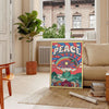 Abstract design featuring swirling blue and purple shapes with a groovy style - in a Parisian living room with a sofa and a fig plant