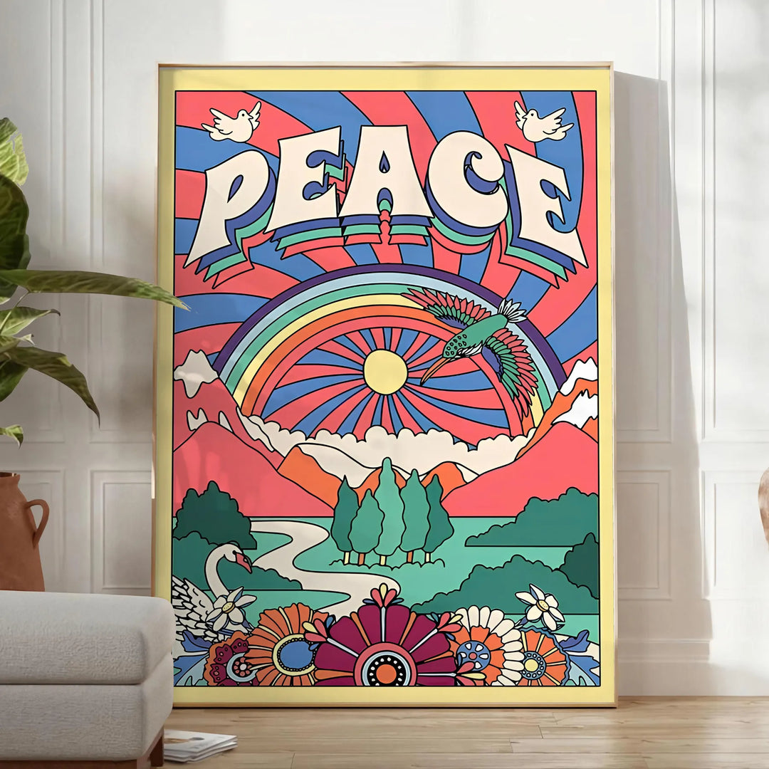 Abstract design featuring swirling blue and purple shapes with a groovy style - in a bright minimalist room with a plant and an armchair