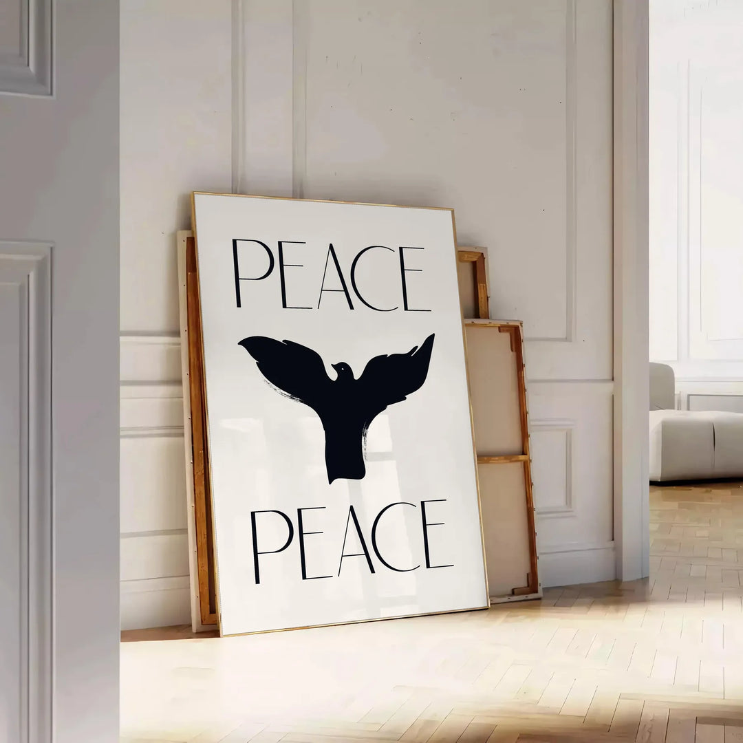 Abstract representation of peace with gray and black tones - leaning on a herringbone floor against a white panelled wall