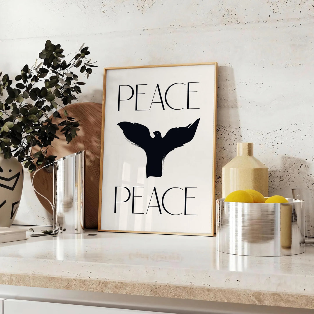 Abstract representation of peace with gray and black tones - styled on a counter with eucalyptus and a bowl of lemons