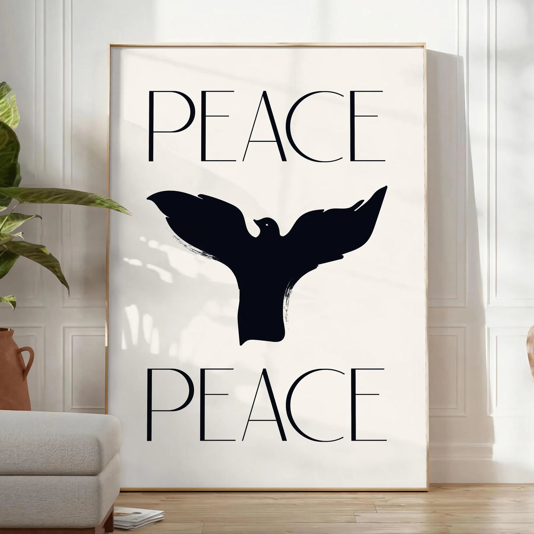 Abstract representation of peace with gray and black tones - in a bright minimalist room with a plant and an armchair