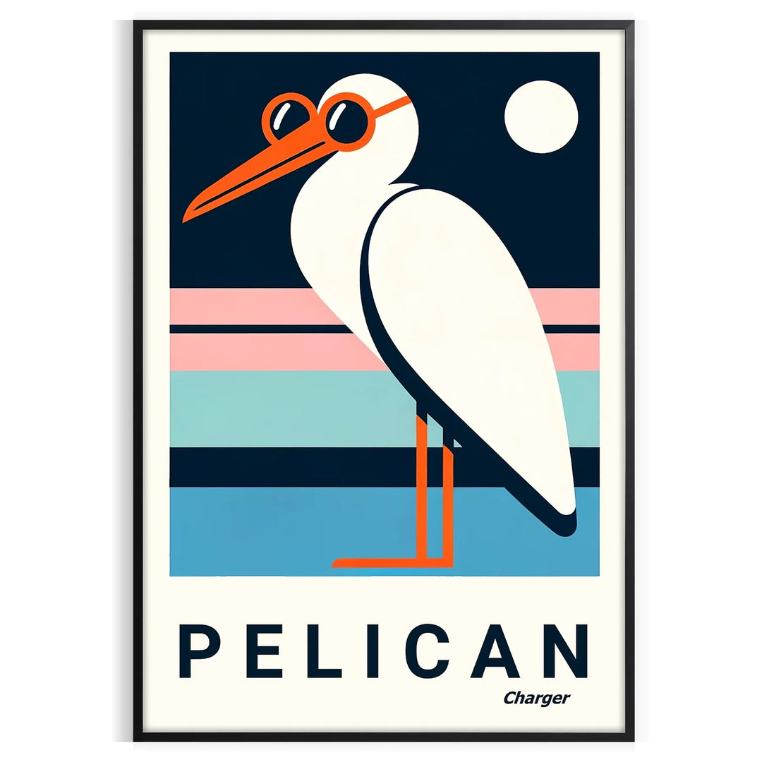 A pelican in orange and white hues against a textured background