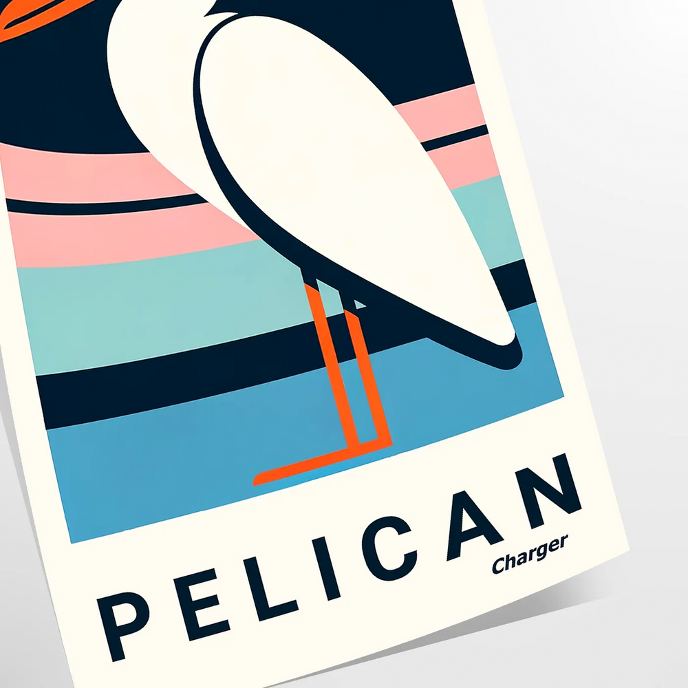 A pelican in orange and white hues against a textured background