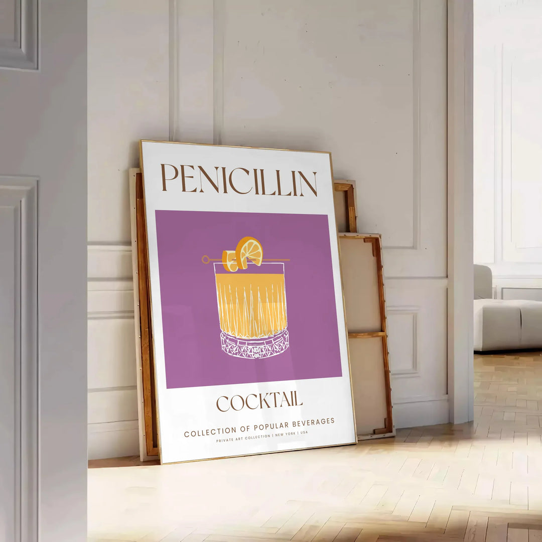 A modern illustration of a Penicillin cocktail with gray and orange tones - leaning on a herringbone floor against a white panelled wall
