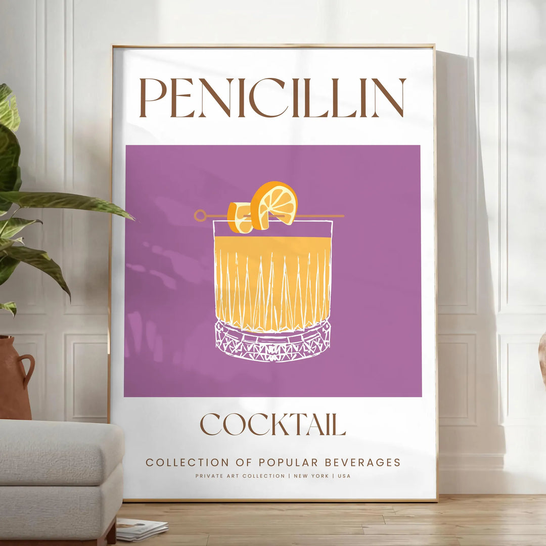 A modern illustration of a Penicillin cocktail with gray and orange tones - in a bright minimalist room with a plant and an armchair