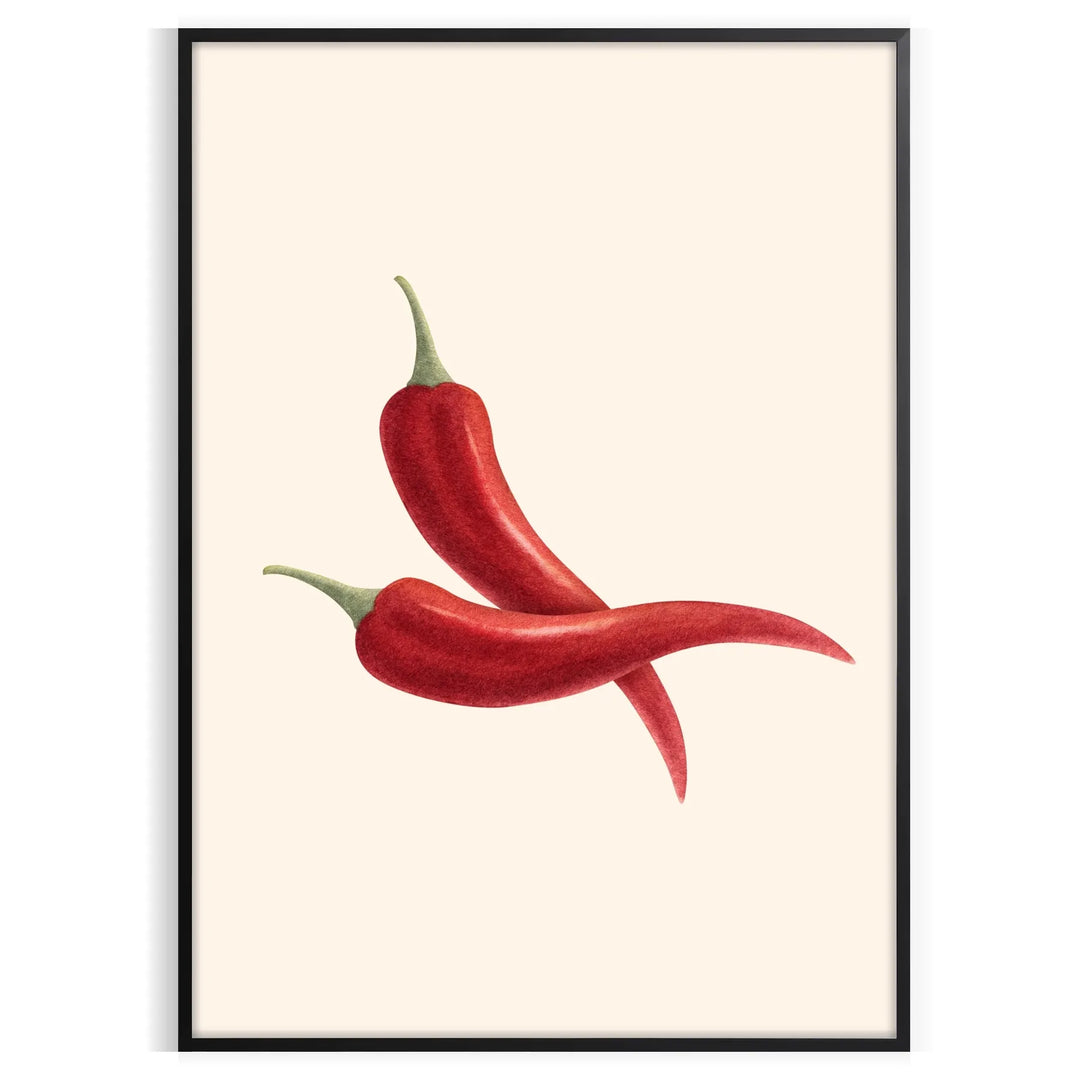 A modern kitchen print featuring red and gray peppers in a stylized design