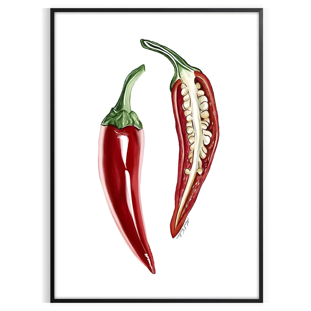 A detailed illustration of peppers in various colors on a textured background