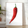 Ein farbenfrohes Küchenbild mit roten und grünen Paprika in modernem Stil - in einem hellen minimalistischen Raum mit Pflanze und Sessel