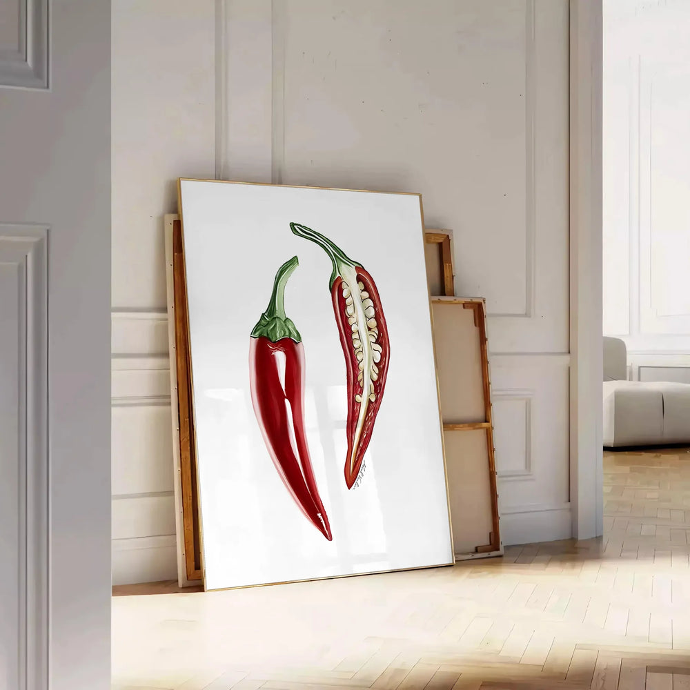A detailed illustration of peppers in various colors on a textured background
