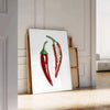 A detailed illustration of peppers in various colors on a textured background - leaning on a herringbone floor against a white panelled wall