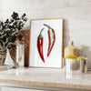 A detailed illustration of peppers in various colors on a textured background - styled on a counter with eucalyptus and a bowl of lemons
