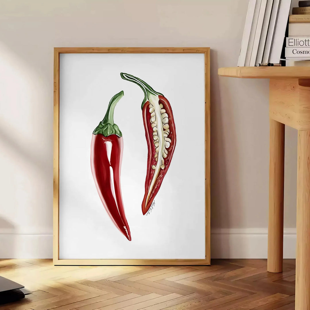 A detailed illustration of peppers in various colors on a textured background - beside a round wooden side table with books