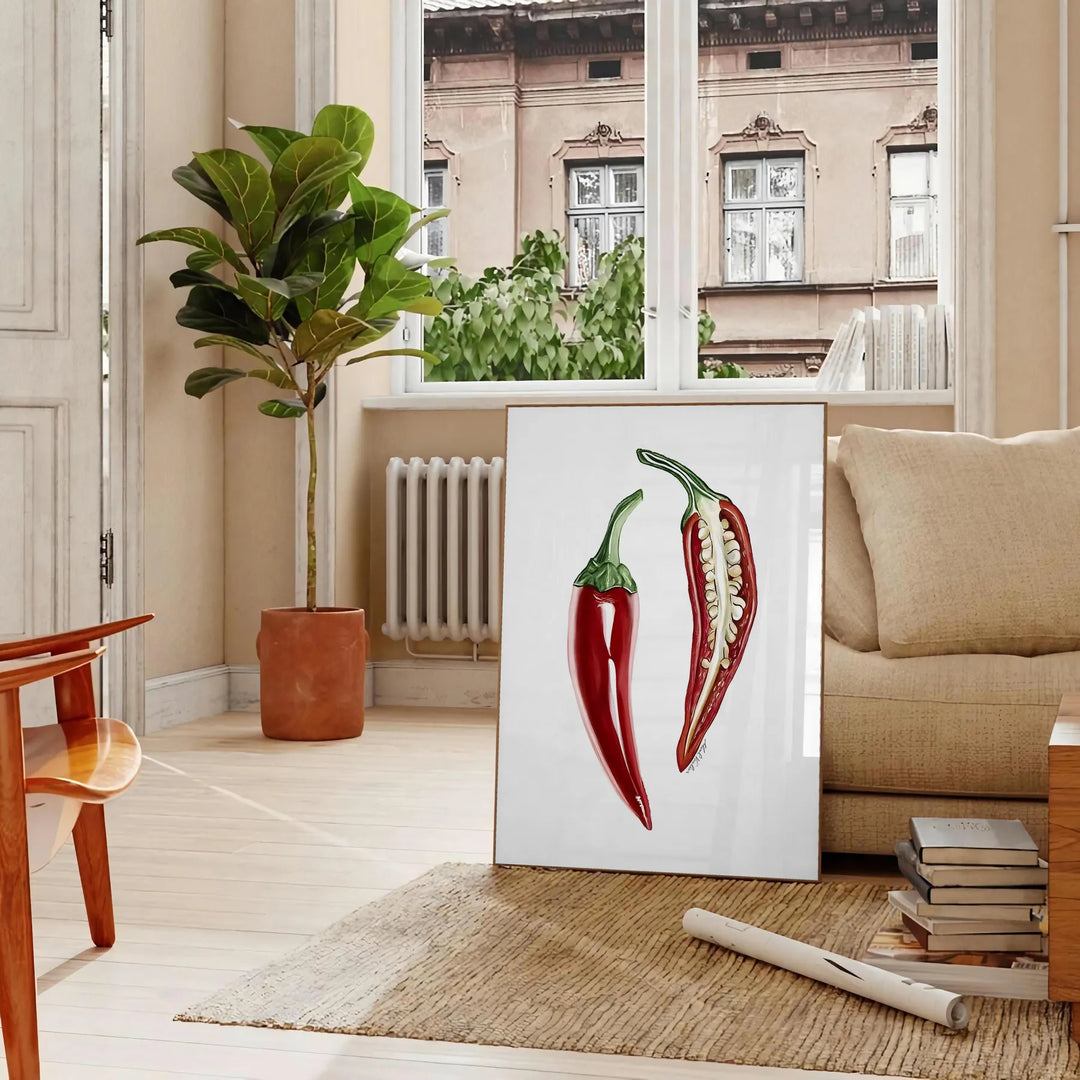 A detailed illustration of peppers in various colors on a textured background - in a Parisian living room with a sofa and a fig plant