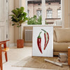 A detailed illustration of peppers in various colors on a textured background - in a Parisian living room with a sofa and a fig plant