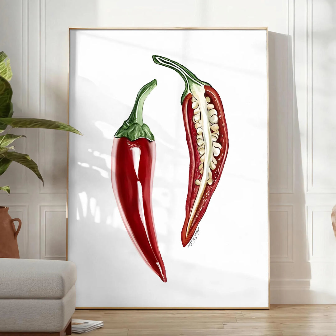 A detailed illustration of peppers in various colors on a textured background - in a bright minimalist room with a plant and an armchair