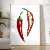 A detailed illustration of peppers in various colors on a textured background - in a bright minimalist room with a plant and an armchair