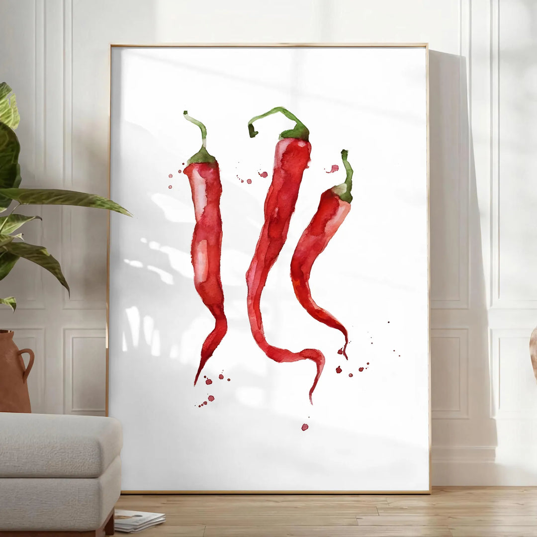 A colorful pepper illustration with rich brown and green tones - in a bright minimalist room with a plant and an armchair