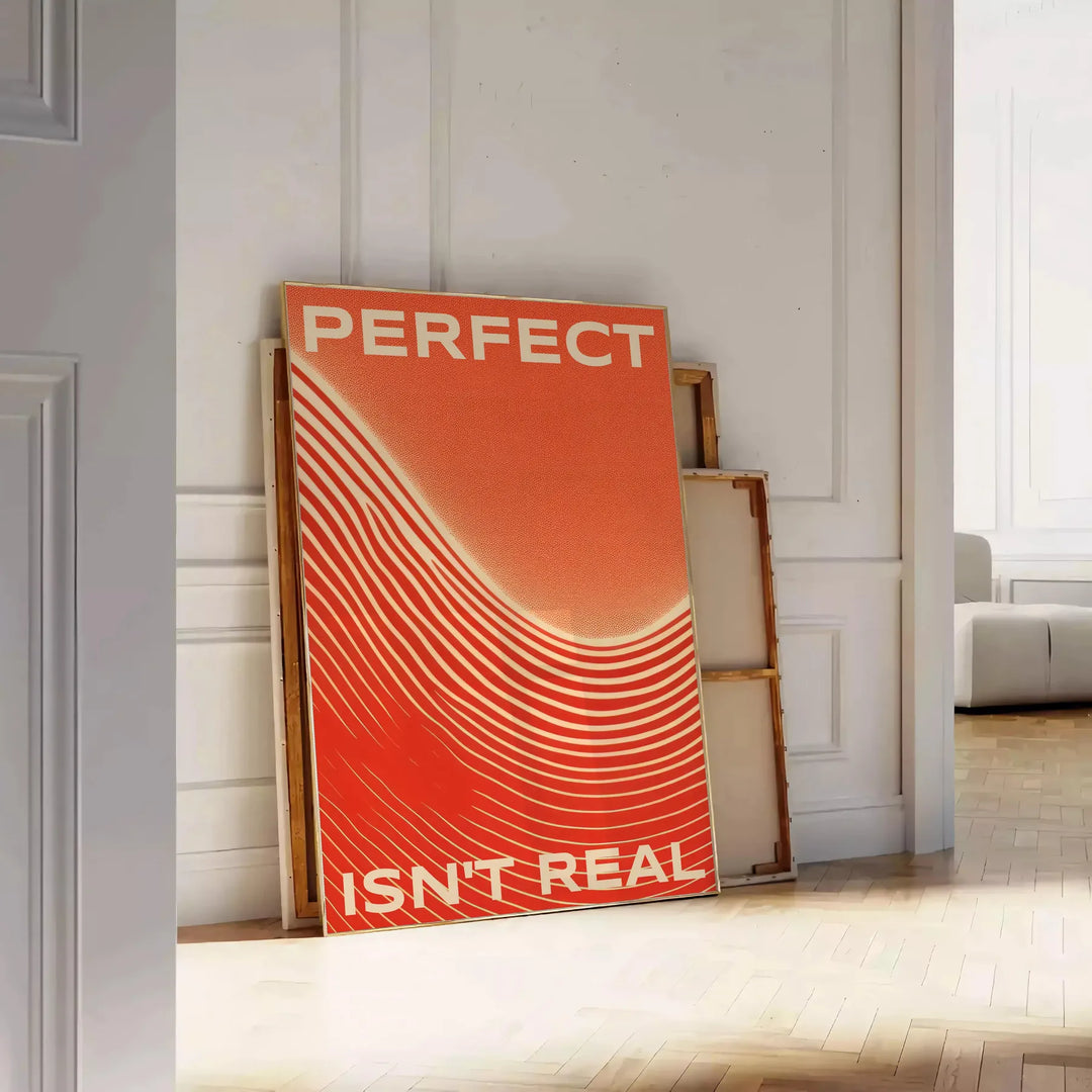 Abstract design with motivational text in orange and red hues - leaning on a herringbone floor against a white panelled wall