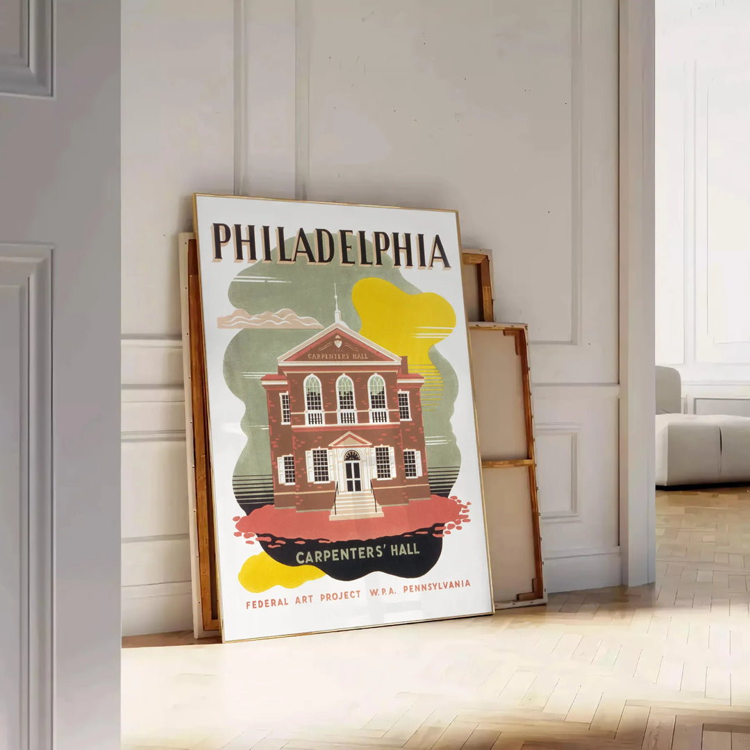 Illustration of Philadelphia skyline with green and brown tones - leaning on a herringbone floor against a white panelled wall