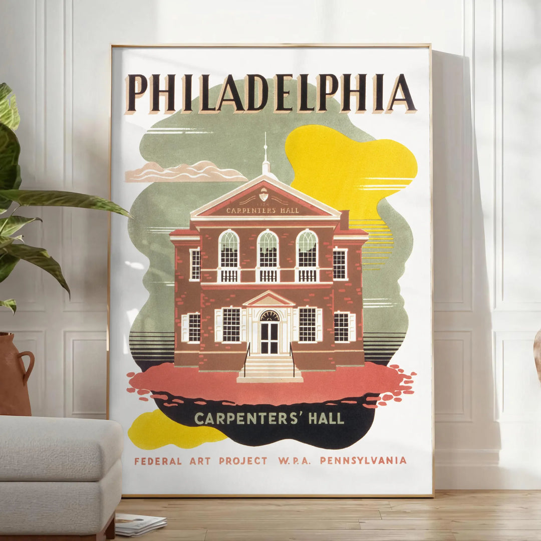 Illustration of Philadelphia skyline with green and brown tones - in a bright minimalist room with a plant and an armchair