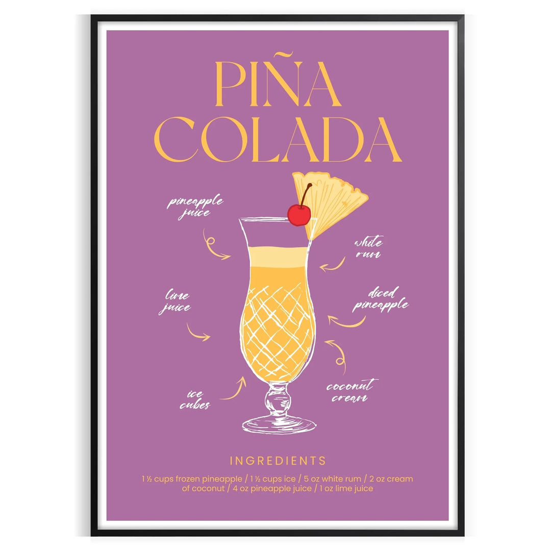 A colorful illustration of a Pina Colada cocktail with tropical elements