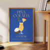 A colorful illustration of a Pina Colada cocktail with tropical elements - beside a round wooden side table with books