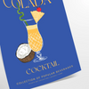 A colorful illustration of a Pina Colada cocktail with tropical elements