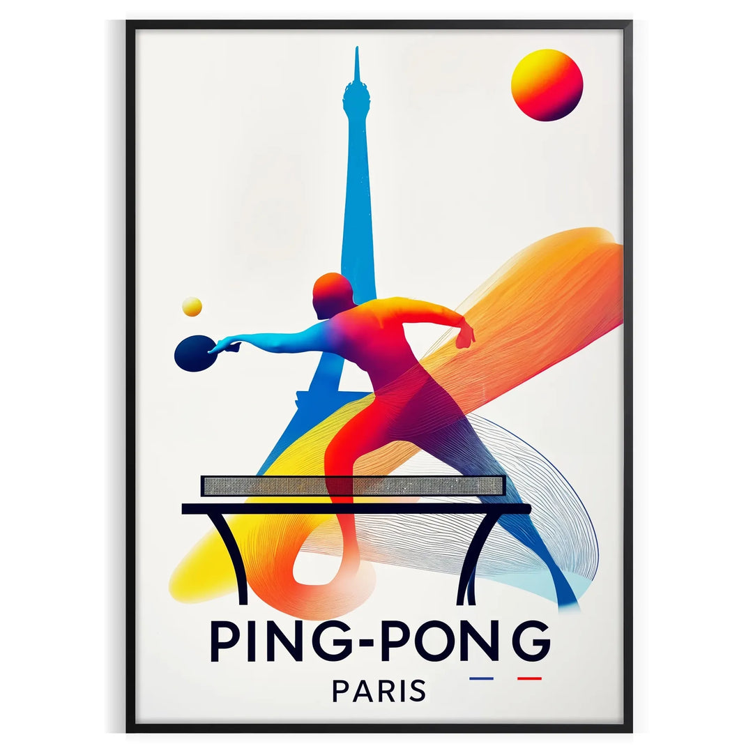 Minimalist design featuring a ping pong paddle and Eiffel Tower silhouette