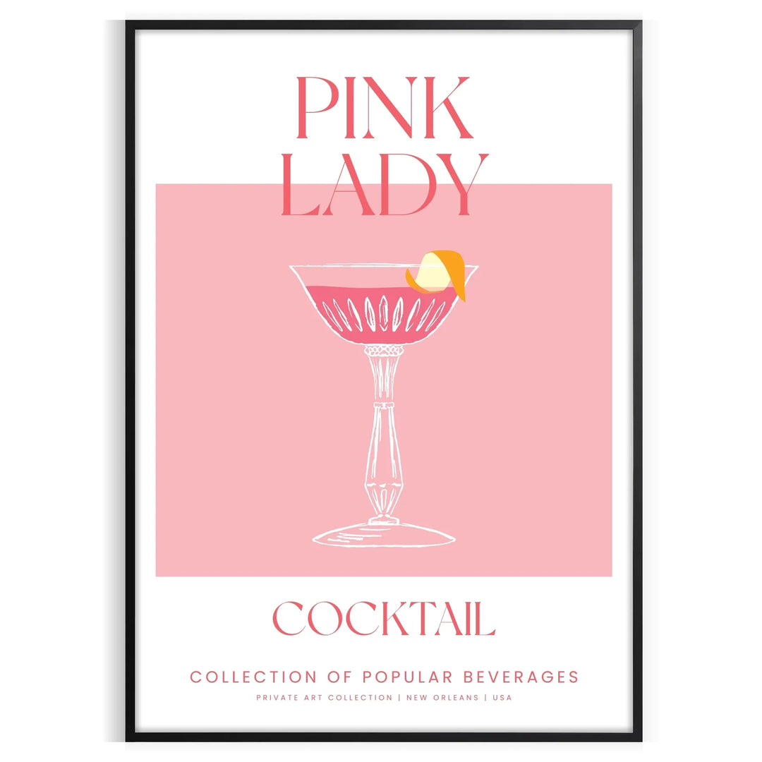 A colorful illustration of a Pink Lady cocktail with orange and pink hues