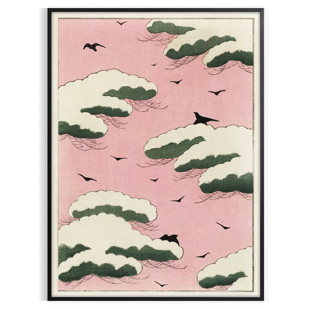 A serene landscape featuring a pink sky with soft clouds by Watanabe Seitei