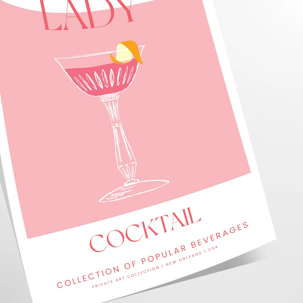 A colorful illustration of a Pink Lady cocktail with orange and pink hues