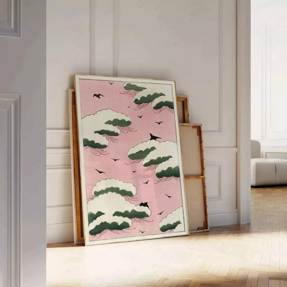 A serene landscape featuring a pink sky with soft clouds by Watanabe Seitei