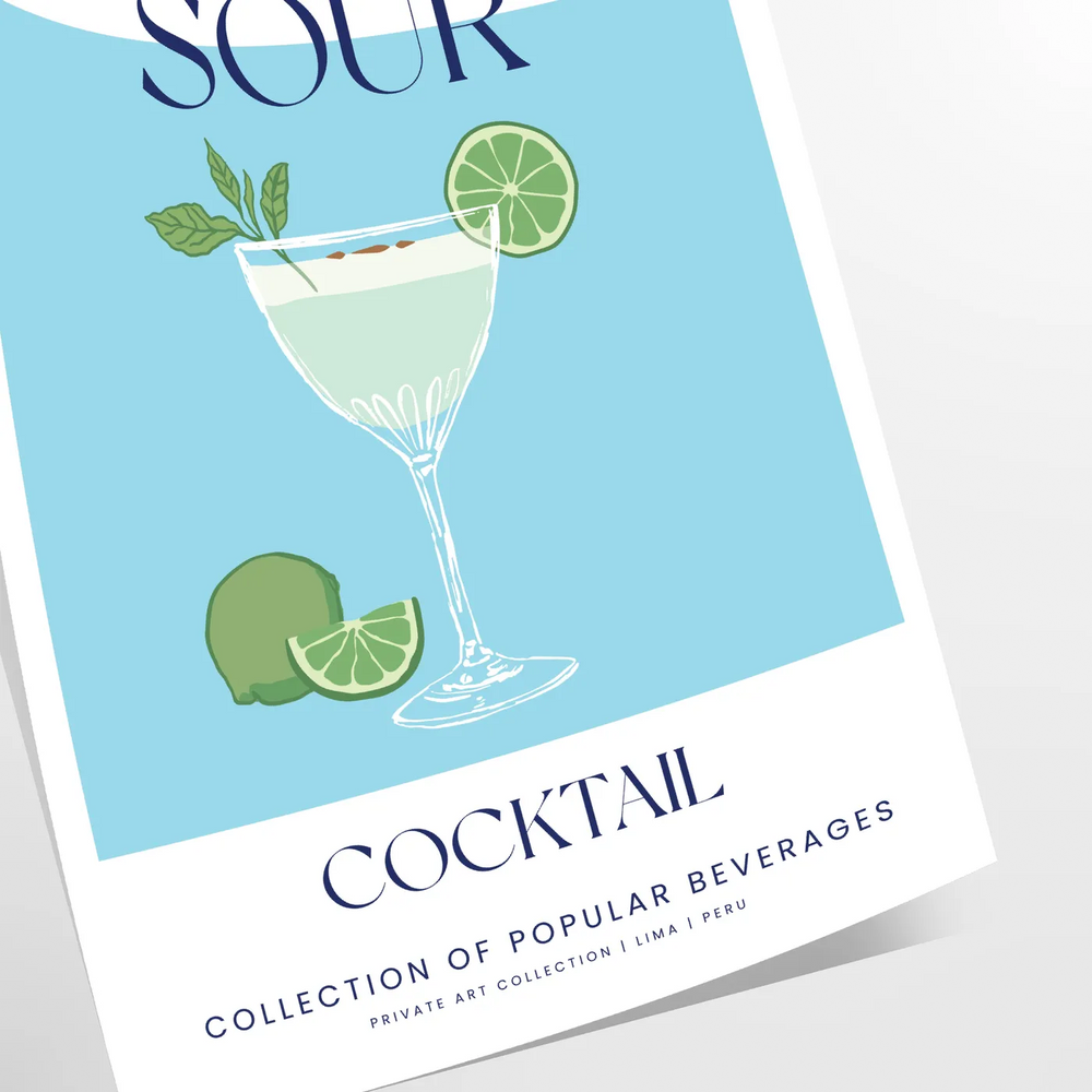 Illustration of a Pisco Sour cocktail with green and blue accents
